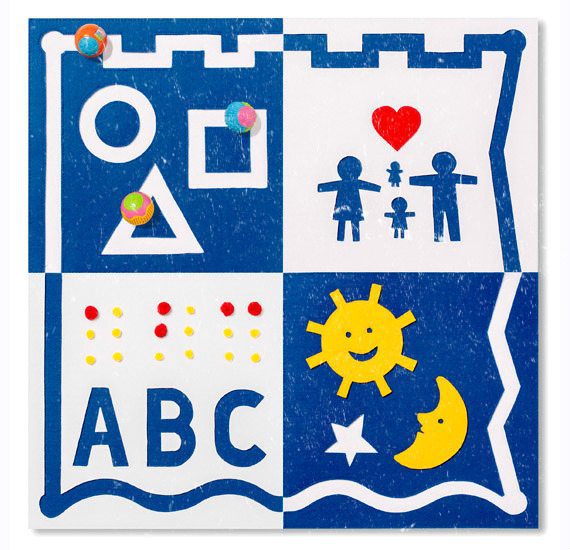 Artistic image for children that includes braille and print ABC's, shapes and more.