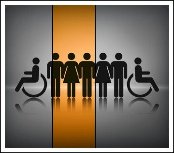 Stylized image showing graphical men and women holding hands with a person in a wheelchair at both ends