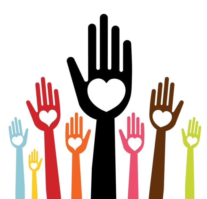 Graphical image of hands being raised into the air. Each hand has a heart-shape on it to represent charitable giving. Hands raised into the air. Each hand has a heart-shape on the palm.