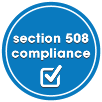 Blue circle with the words "section 508 compliance" displayed in white font.