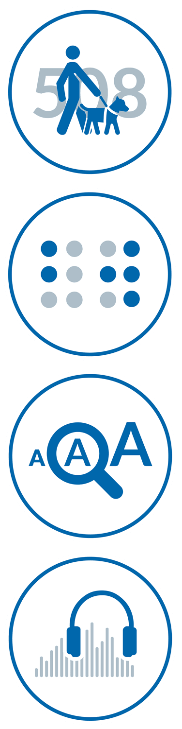 Image showing four circular icons. Each represents a Braille Works service; 508 Compliant documents, braille, large print and audio. Image showing four circular icons. Each represents a Braille Works service; 508 Compliant documents, braille, large print and audio.