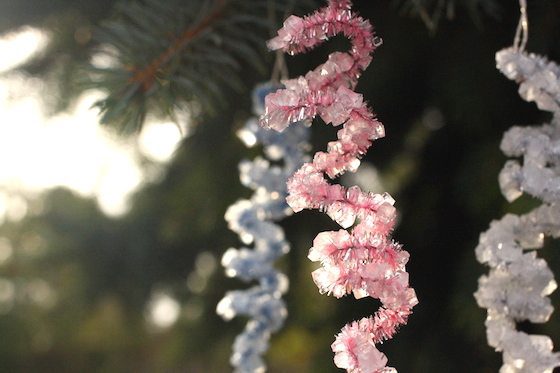 Three crystal pipe cleaner shapes hanging from a Christmas tree. Three crystal pipe cleaner shapes hanging from a Christmas tree.