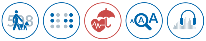 Icons representing 508 compliance, Braille, large print, audio and the healthcare industry. Icons representing 508 compliance, Braille, large print, audio and the healthcare industry.