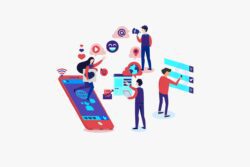 Graphic of people using cell phones with icons for emojis, charts, news feed, videos, and location.