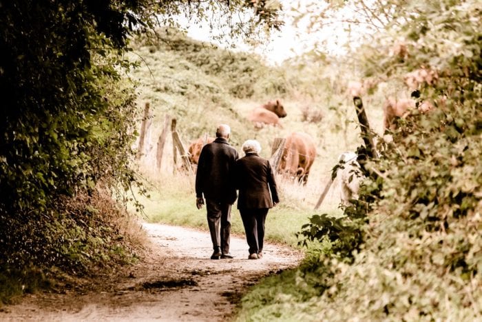 Elderly couple walking down a dirt road towards cows grazing in a field