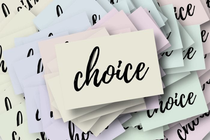 Several index cards in a pile that all say "choice"