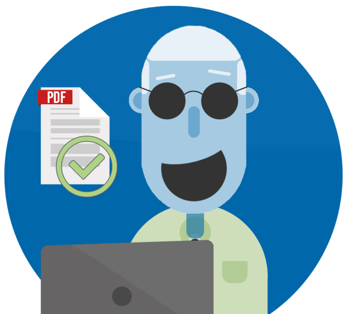 A cartoon of a blind man, smiling while reading an accessible PDF file.