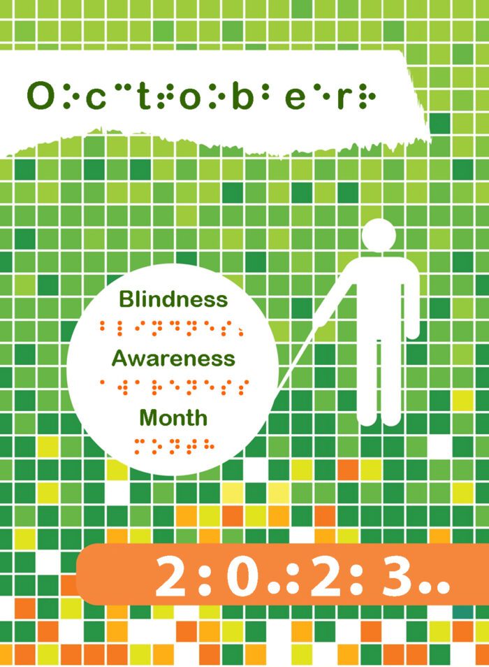 Graphical image with the words "Blindness Awareness Month - October 2015" displayed in print and braille. Graphical image with the words "Blindness Awareness Month - October 2024" displayed in print and braille.
