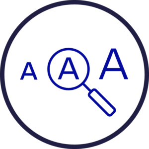 large print icon three letter A's with a magnifying glass in the middle of a circle