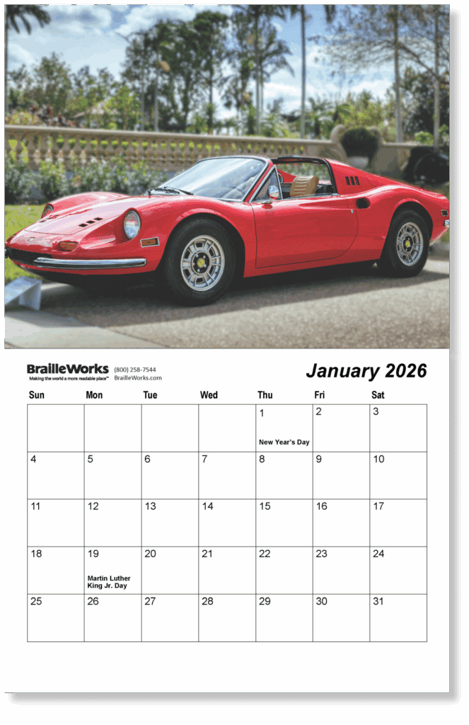 Full January 2026 page featuring a Red 1974 Ferrari 246 GTS Dino