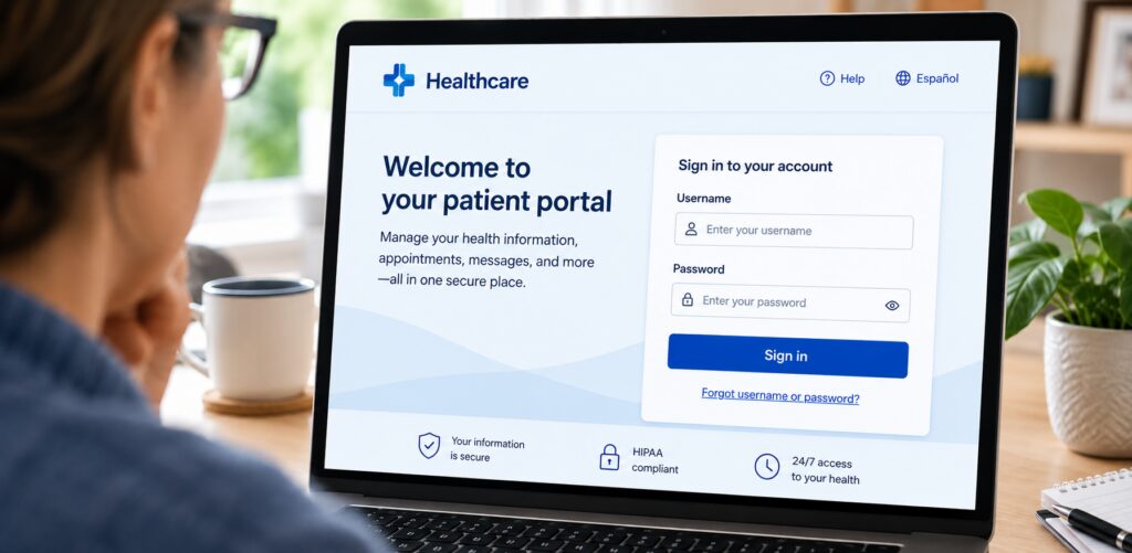 closeup view of someone using their laptop to sign into a patient portal